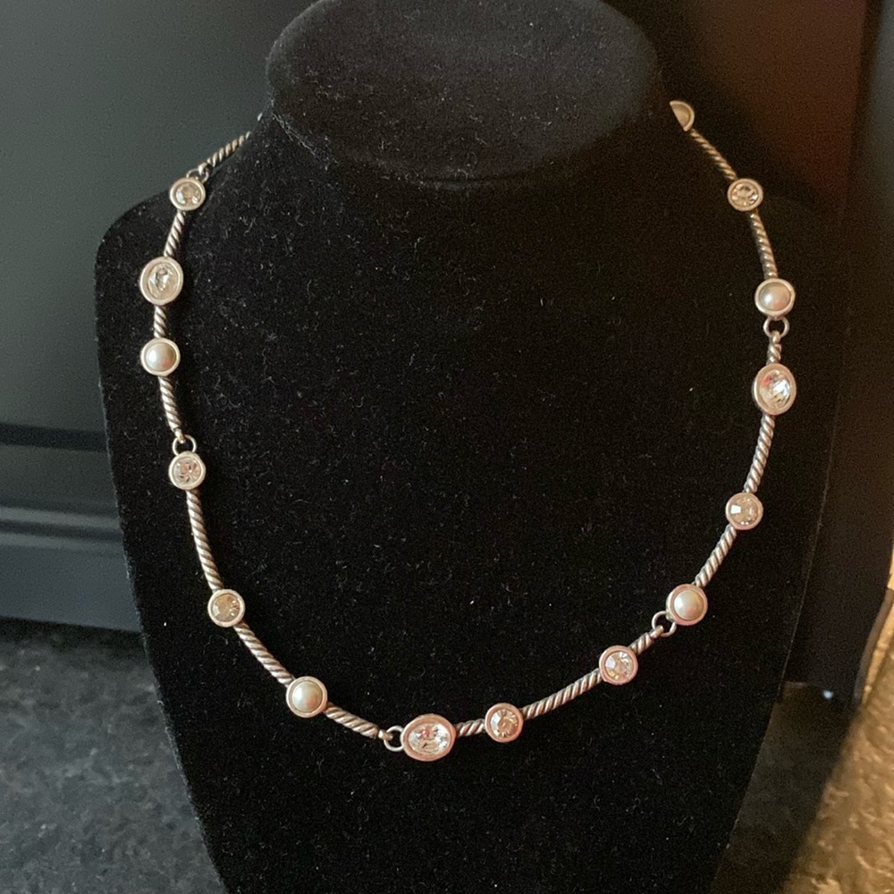 Brighton vintage Monte Carlo silver, pearl Swarovski crystal bib collar necklace